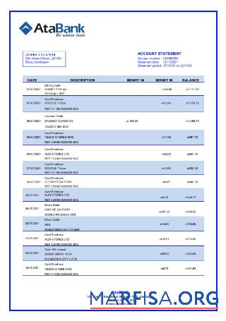 Blank Azerbaijan AtaBank bank statement word sample